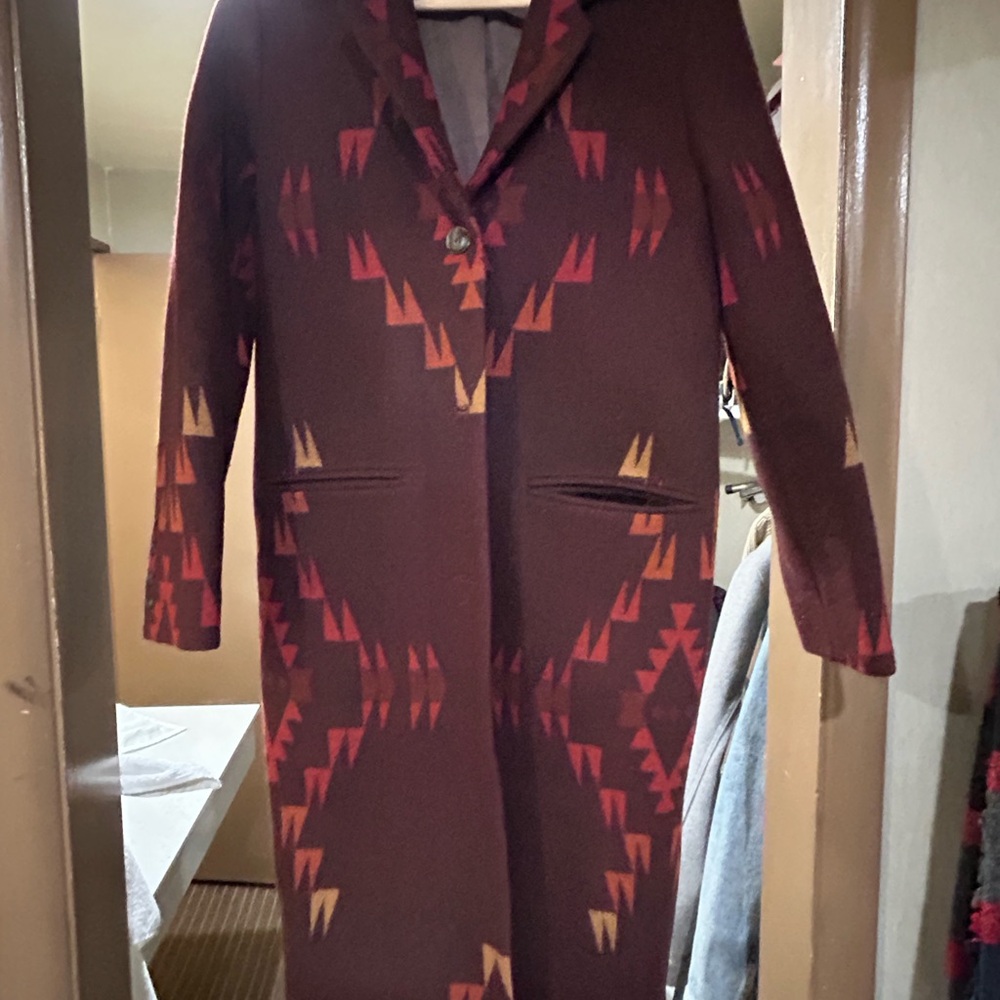 Pendleton Trench Coat with Red and Orange Pattern